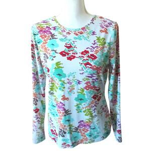 Lands End Women's White Floral Print Stretch Long Sleeve Shirt Size Small